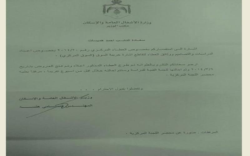 النائب الهميسات: تنفيذ مشروع نفق السوق المركزي قريبا